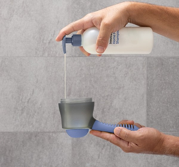 Bath brush with container in a minimalist bathroom setting