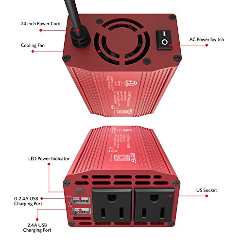 12V to 110V AC Car Inverter Power, 300W with Dual USB Ports and Adapter
