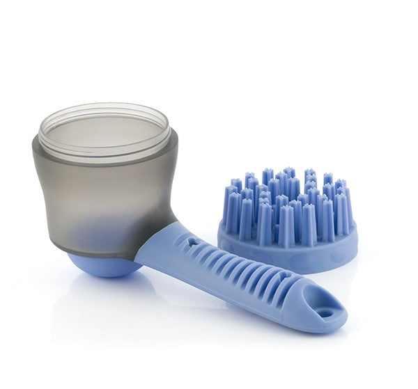 Close-up of bath brush head with container in a minimalist design