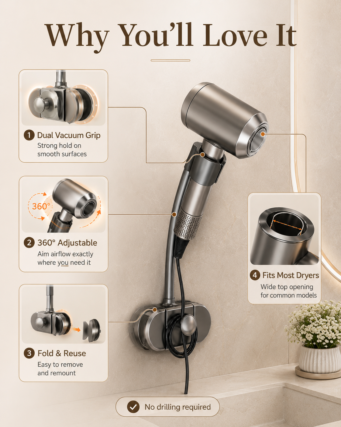 FixNext™ Hands-Free Blow Dryer Mount