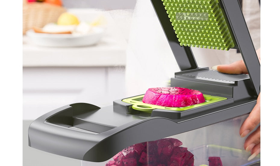 Close-up of vegetable mandoline slicer in action
