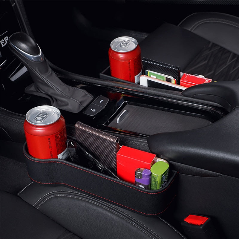 Angle view of minimalist console storage organizer for seat and back of car