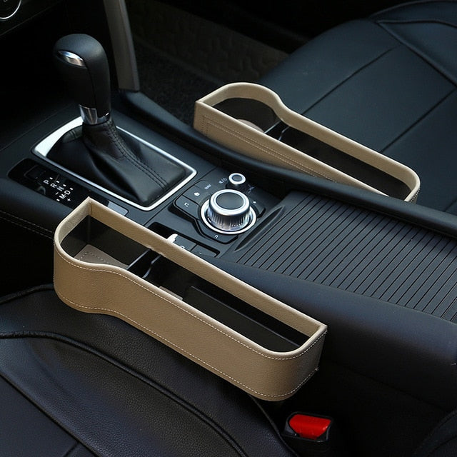 Side view of minimalist console storage organizer for seat and back of car